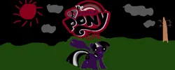 Size: 776x312 | Tagged: grimdark, artist:greengreen11, derpibooru import, twilight sparkle, twilight sparkle (alicorn), alicorn, pony, .exe, 1000 hours in ms paint, black sclera, cloud, darkness, evil twilight, female, horn, image, mare, my little pony logo, png, smiling, spread wings, sun, tree, wings