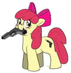 Size: 1767x1818 | Tagged: safe, artist:ponykittenboi, derpibooru import, apple bloom, earth pony, pony, alternate cutie mark, apple bloom's bow, blush sticker, blushing, bow, derpibooru exclusive, female, filly, foal, gun, hair bow, handgun, image, mouth hold, png, shitposting, signature, simple background, simple shading, weapon, white background