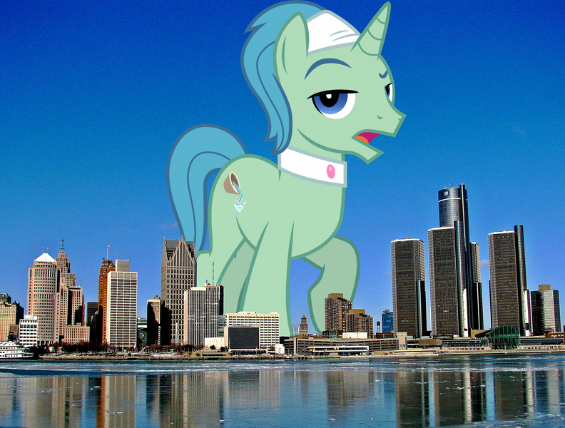Size: 2841x2153 | Tagged: safe, artist:cloudyglow, artist:jaredking779, derpibooru import, birch bucket, pony, unicorn, detroit, giant pony, giant unicorn, high res, highrise ponies, image, irl, jpeg, looking at you, macro, male, mega giant, michigan, open mouth, photo, ponies in real life, raised hoof, spa pony, stallion