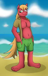 Size: 2792x4416 | Tagged: suggestive, artist:tacomytaco, derpibooru import, big macintosh, anthro, beach, belly, belly button, briefs, clothes, hand in pocket, image, looking at you, male, open clothes, open shirt, png, shirt, shorts, smiling, solo, solo male, underwear