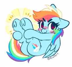 Size: 1294x1213 | Tagged: safe, artist:ruef, derpibooru import, rainbow dash, pegasus, pony, blushing, butt, colored, emanata, eye clipping through hair, eyebrows, eyebrows visible through hair, female, flat colors, fluffy, folded wings, heart, heart eyes, holding legs, hoof focus, hooves, image, jpeg, looking at you, lying down, on back, plot, signature, simple background, smiling, solo, thick eyebrows, thick eyelashes, underhoof, wavy mouth, white background, wingding eyes, wings