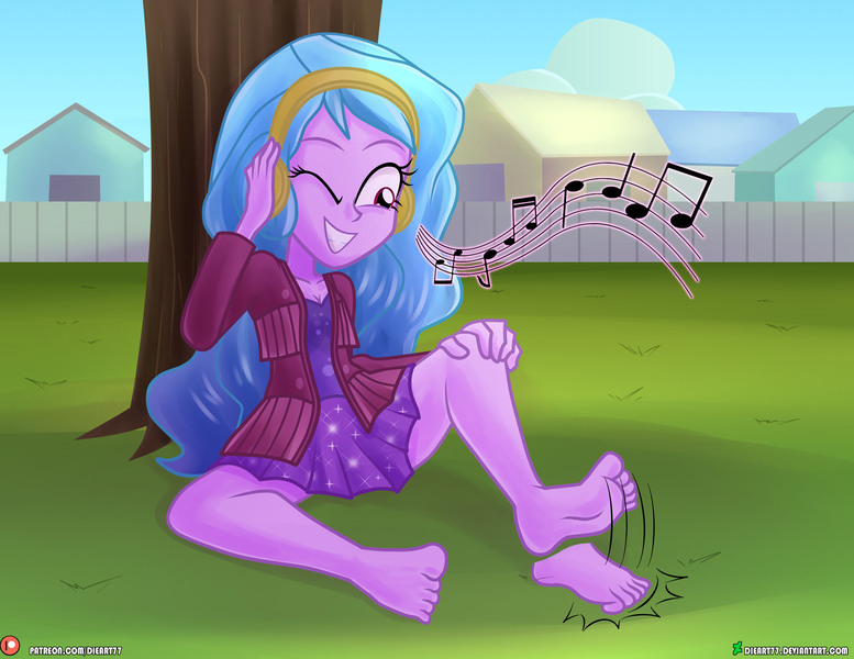 Size: 1942x1500 | Tagged: safe, artist:dieart77, derpibooru import, izzy moonbow, equestria girls, barefoot, equestria girls-ified, feet, female, foot tapping, g5, headphones, image, jpeg, one eye closed, solo
