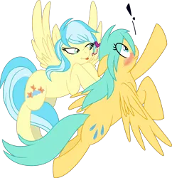 Size: 3473x3591 | Tagged: safe, artist:enigmaticfrustration, artist:thatusualguy06, derpibooru import, misty fly, sunshower raindrops, pegasus, pony, .svg available, :p, blushing, duo, exclamation point, eye clipping through hair, female, flying, heart, image, mare, mistydrops, onomatopoeia, png, question mark, simple background, tongue out, transparent background, vector