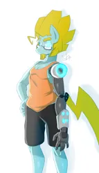 Size: 1172x2047 | Tagged: safe, artist:jaynatorburudragon, derpibooru import, oc, oc:tech gear, unofficial characters only, anthro, clothes, hand on hip, image, jpeg, robotic arm, shorts, solo, tanktop