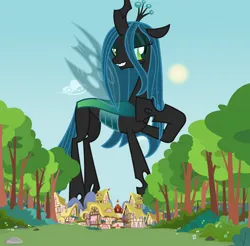 Size: 1280x1262 | Tagged: safe, derpibooru import, queen chrysalis, changeling, changeling queen, attack on changeling, female, giant (queen) chrysalis, giant changeling, giantess, image, looking at you, macro, mega giant, png, ponyville, ponyville town hall, smiling, solo, tree