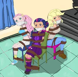Size: 1242x1234 | Tagged: safe, artist:atmu, derpibooru import, applejack, fluttershy, twilight sparkle, human, equestria girls, bondage, bound and gagged, bound together, cloth gag, gag, humanized, image, jpeg, looking at you, looking up, ropes, struggling, tied hair, tied up