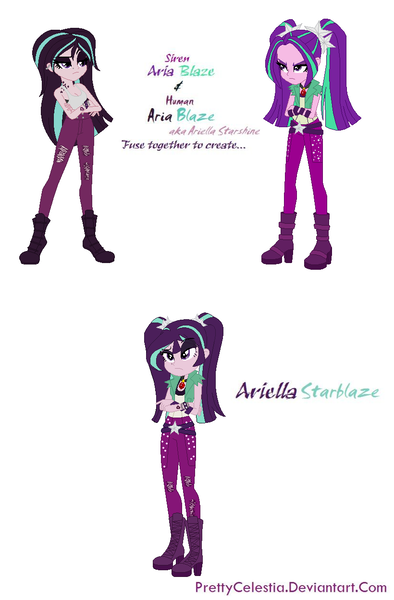 Size: 820x1250 | Tagged: safe, artist:prettycelestia, aria blaze, oc, oc:ariella starblaze, equestria girls, boots, bracelet, eye shadows, fusion, gem, high heel boots, image, jewelry, png, pony tails, ring, shoes, siren gem