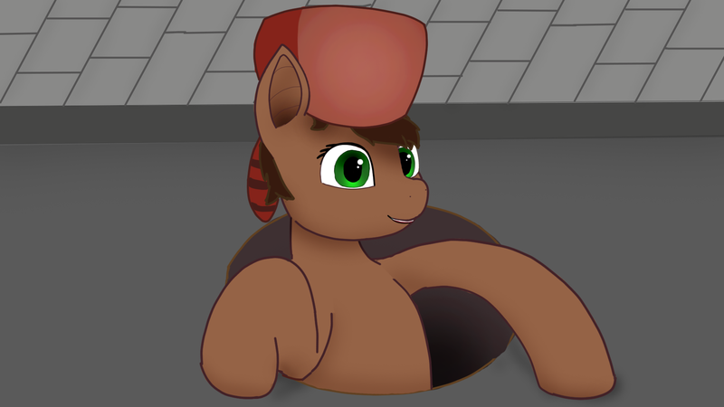 Size: 1920x1080 | Tagged: safe, artist:puginpocket, derpibooru import, oc, oc:scarfy bat-heart, earth pony, pony, brown coat, brown mane, earth pony oc, female, green eyes, happy, hat, image, looking at you, mare, png, sewer, solo