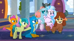 Size: 1131x632 | Tagged: safe, derpibooru import, screencap, gallus, ocellus, sandbar, silverstream, smolder, yona, changedling, changeling, classical hippogriff, dragon, earth pony, gryphon, hippogriff, pony, yak, uprooted, bow, cloven hooves, colored hooves, cropped, dragoness, female, hair bow, image, jewelry, male, monkey swings, necklace, png, raised hoof, student six