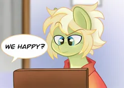 Size: 2048x1448 | Tagged: safe, artist:eponafest, derpibooru import, oc, oc:milli, unofficial characters only, pony, briefcase, dialogue, eponafest, image, jpeg, offscreen character, pulp fiction, raised eyebrow, solo, speech bubble