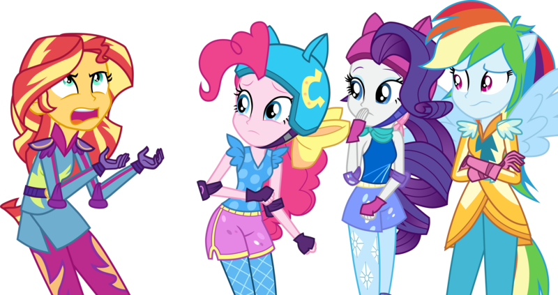Size: 7397x3909 | Tagged: safe, derpibooru import, pinkie pie, rainbow dash, rarity, sunset shimmer, human, equestria girls, friendship games, bow, hair bow, image, motocross outfit, png, ponied up, simple background, skating outfit, sunset shimmer is not amused, transparent background, unamused, vector