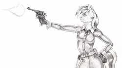 Size: 1600x902 | Tagged: safe, artist:baron engel, derpibooru import, oc, oc:starfall, unofficial characters only, anthro, unicorn, belt, breasts, clothes, coat, coveralls, firing, gun, hand on hip, handgun, holster, image, jpeg, leather gloves, monochrome, pencil drawing, revolver, shooting, simple background, solo, stance, story included, tight clothing, traditional art, weapon, white background