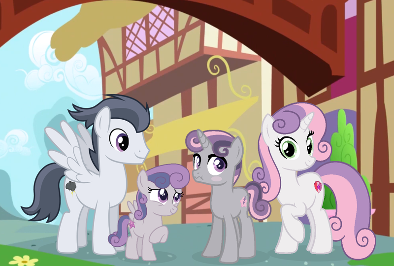 Size: 1481x999 | Tagged: safe, artist:lillyleaf101, derpibooru import, rumble, sweetie belle, oc, oc:bromeliad breeze, oc:echo belle, pegasus, pony, unicorn, colt, female, filly, foal, image, male, offspring, older, older sweetie belle, parent:rumble, parent:sweetie belle, parents:rumbelle, png, rumbelle, shipping, straight