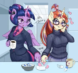 Size: 1600x1496 | Tagged: safe, artist:dstears, derpibooru import, moondancer, twilight sparkle, alicorn, anthro, unicorn, breasts, clothes, coffee, coffee mug, earpiece, female, floating heart, heart, image, jpeg, lesbian, mug, office, shipping, suit, twidancer, unrequited