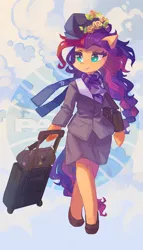Size: 2351x4096 | Tagged: safe, artist:saxopi, derpibooru import, sunny starscout, earth pony, pony, semi-anthro, abstract background, bag, clothes, female, flower, g5, hat, hoof hold, image, jpeg, luggage, mare, rose, shoes, solo, underhoof