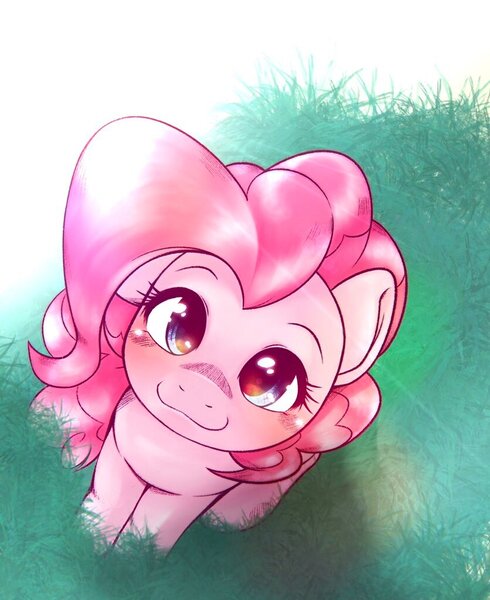 Size: 836x1024 | Tagged: safe, artist:kurogewapony, derpibooru import, pinkie pie, earth pony, pony, abstract background, cute, diapinkes, female, grass, high angle, image, jpeg, looking at you, looking up, looking up at you, mare, simple background, sitting, solo, white background
