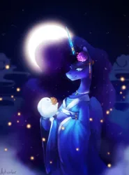 Size: 1152x1553 | Tagged: safe, artist:anticular, derpibooru import, princess luna, alicorn, firefly (insect), insect, pony, rabbit, animal, clothes, female, flower, flower in hair, full moon, horn, horn ring, image, jewelry, jpeg, kimono (clothing), mare, moon, ring, solo