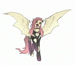 Size: 2812x2476 | Tagged: safe, artist:qhsg3, derpibooru import, fluttershy, bat pony, bat ponified, choker, clothes, fishnets, flutterbat, forked tongue, image, jpeg, looking at you, open mouth, piercing, race swap, simple background, socks, solo, stockings, thigh highs, tongue out, tongue piercing, torn clothes, white background