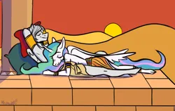 Size: 1200x760 | Tagged: safe, derpibooru import, princess celestia, oc, oc:light knight, alicorn, anthro, pegasus, ancient egypt, clothes, desert, egypt, egyptian, egyptian pony, image, loincloth, png, sun, underwear