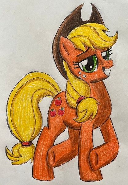 Size: 2119x3058 | Tagged: safe, artist:bozzerkazooers, derpibooru import, applejack, earth pony, grin, image, jpeg, lidded eyes, looking at you, smiling, solo, traditional art