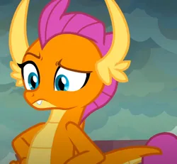 Size: 580x535 | Tagged: safe, derpibooru import, screencap, smolder, dragon, sweet and smoky, confused, cropped, dragoness, female, hand on hip, image, png, raised eyebrow, solo