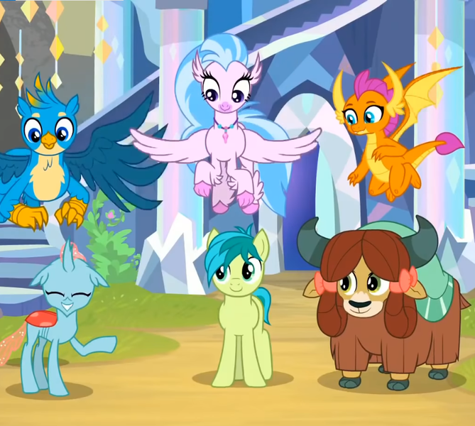 Size: 850x762 | Tagged: safe, derpibooru import, screencap, gallus, ocellus, sandbar, silverstream, smolder, yona, changedling, changeling, classical hippogriff, dragon, earth pony, gryphon, hippogriff, pony, yak, uprooted, bow, cloven hooves, colored hooves, cropped, cute, diaocelles, diastreamies, dragoness, eyes closed, female, gallabetes, hair bow, image, jewelry, male, monkey swings, necklace, png, sandabetes, smolderbetes, student six, treehouse of harmony, yonadorable