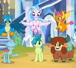 Size: 850x762 | Tagged: safe, derpibooru import, screencap, gallus, ocellus, sandbar, silverstream, smolder, yona, changedling, changeling, classical hippogriff, dragon, earth pony, gryphon, hippogriff, pony, yak, uprooted, bow, cloven hooves, colored hooves, cropped, cute, diaocelles, diastreamies, dragoness, eyes closed, female, gallabetes, hair bow, image, jewelry, male, monkey swings, necklace, png, sandabetes, smolderbetes, student six, treehouse of harmony, yonadorable
