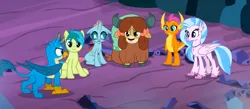 Size: 1505x657 | Tagged: safe, derpibooru import, screencap, gallus, ocellus, sandbar, silverstream, smolder, yona, changedling, changeling, classical hippogriff, dragon, earth pony, gryphon, hippogriff, pony, yak, uprooted, bow, cloven hooves, colored hooves, cropped, dragoness, female, hair bow, image, jewelry, male, monkey swings, necklace, png, student six