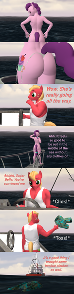 Size: 1920x7560 | Tagged: questionable, artist:papadragon69, derpibooru import, big macintosh, sugar belle, anthro, 3d, bikini, boat, bottomless, breasts, busty sugar belle, butt, clothed male nude female, clothes, comic, complete nudity, discarded clothing, female, image, male, nudity, partial nudity, png, shipping, source filmmaker, straight, stripping, sugar butt, sugarmac, swimsuit, undressing, water