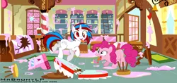 Size: 1303x613 | Tagged: safe, artist:generalfratze, derpibooru import, pinkie pie, oc, oc:mrbronylp, earth pony, pony, unicorn, butt, cupcake, derp, female, food, frosting, heart, horn, horseshoes, image, jpeg, mare, messy, plot, silly, silly pony, smiling, stool, sugarcube corner, table, tongue out