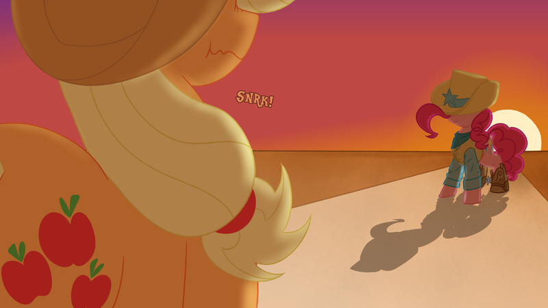 Size: 3840x2160 | Tagged: safe, artist:legendoflink, derpibooru import, applejack, pinkie pie, earth pony, pony, applebetes, clothes, cowboy hat, cute, diapinkes, duo, duo female, female, from behind, hat, image, oversized hat, png, showdown, snickering, sundown