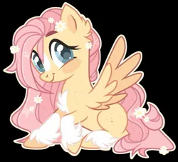 Size: 1277x1161 | Tagged: safe, artist:kreedie, derpibooru import, fluttershy, pegasus, pony, black background, blaze (coat marking), blush sticker, blushing, chest fluff, coat markings, colored hooves, colored wings, ear fluff, facial markings, female, flower, flower in hair, flower in tail, image, jpeg, looking at you, mare, missing cutie mark, outline, raised hoof, redesign, simple background, sitting, smiling, smiling at you, socks (coat marking), solo, spread wings, stray strand, tail, two toned wings, unshorn fetlocks, white outline, wings