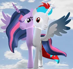 Size: 820x766 | Tagged: safe, artist:dracoecpilse, derpibooru import, twilight sparkle, twilight sparkle (alicorn), oc, oc:solar eclipse, alicorn, pony, 3d, cloud, conjoined, conjoined twins, day, daytime, duo, female, image, looking at you, male, mare, png, purple skin, sky, sky background, white skin