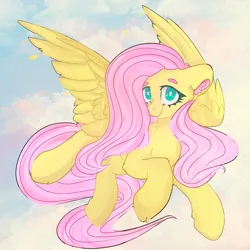 Size: 2900x2900 | Tagged: safe, artist:kittenwfody, derpibooru import, fluttershy, pegasus, pony, beanbrows, cheek fluff, colored ear fluff, ear fluff, elbow fluff, eyebrows, female, flying, head turned, high res, image, jpeg, looking at you, mare, outdoors, sky background, smiling, smiling at you, solo, spread wings, wings