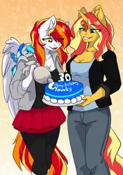 Size: 2481x3507 | Tagged: safe, artist:arctic-fox, derpibooru import, sunset shimmer, oc, anthro, pegasus, pony, unicorn, anthro with ponies, birthday cake, cake, food, frosting, image, png, shoulder pony, tiny, tiny ponies