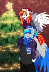 Size: 2335x3387 | Tagged: safe, artist:arctic-fox, derpibooru import, oc, oc:diamond sun, oc:hawker hurricane, unofficial characters only, anthro, pegasus, pony, unguligrade anthro, anthro oc, christmas, christmas tree, clothes, colored wings, duo, eyebrows, eyebrows visible through hair, female, grin, hat, hawkmond, high res, holiday, image, male, mare, open mouth, open smile, pegasus oc, png, santa hat, scarf, shoulder ride, smiling, stallion, tree, two toned wings, wings