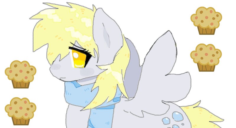 Size: 4096x2231 | Tagged: safe, artist:_snowpup, derpibooru import, derpy hooves, pegasus, pony, clothes, cute, food, image, jpeg, ms paint, muffin, no pupils, scarf, simple background, solo, spread wings, white background, wings