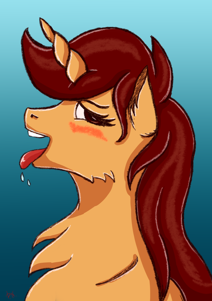 Size: 2894x4093 | Tagged: safe, artist:palettenight, derpibooru import, oc, oc:palettenight, unofficial characters only, pony, unicorn, blushing, brown eyes, brown hair, bust, female, horn, horny, image, looking at you, png, portrait, solo, teeth, tongue out