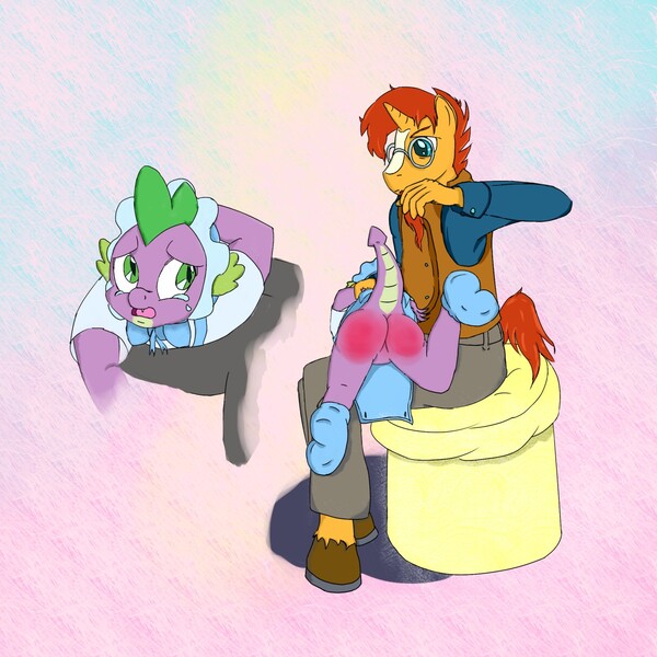 Size: 1280x1280 | Tagged: safe, derpibooru import, spike, sunburst, anthro, dragon, unicorn, abuse, clothes, crying, discipline, duo, image, jpeg, over the knee, punishment, seat, spank mark, spanking, spikeabuse, stern, tears of pain