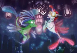 Size: 1280x880 | Tagged: safe, artist:mad--munchkin, derpibooru import, oc, unofficial characters only, changeling, classical hippogriff, hippogriff, hybrid, seapony (g4), bubble, commission, coral, deviantart watermark, digital art, dorsal fin, fin wings, fins, fish tail, flowing tail, glow, image, jewelry, jpeg, looking at each other, looking at someone, male, necklace, obtrusive watermark, ocean, open mouth, seaponified, seaquestria, seaweed, signature, smiling, species swap, swimming, tail, teeth, underwater, water, watermark, wings
