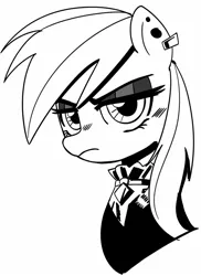 Size: 1072x1476 | Tagged: safe, artist:_ton618_, derpibooru import, rainbow dash, pegasus, pony, black and white, black eyeshadow, bust, clothes, ear piercing, eyeshadow, female, frown, goth, grayscale, image, jpeg, lidded eyes, lineart, looking at you, makeup, mare, mascara, monochrome, piercing, solo