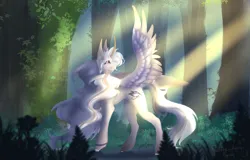 Size: 3110x1985 | Tagged: safe, artist:thelazyponyy, derpibooru import, oc, unofficial characters only, alicorn, pony, alicorn oc, forest, horn, image, looking back, one wing out, outdoors, png, smiling, solo, tree, wings