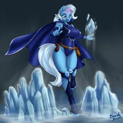 Size: 1800x1800 | Tagged: suggestive, artist:brushstroke, derpibooru import, trixie, anthro, unguligrade anthro, unicorn, belt, breasts, busty trixie, cape, clothes, female, glow, glowing horn, horn, ice, image, leotard, looking at you, mage, magic, png, pointing, pouch, solo, solo female