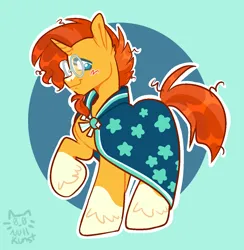 Size: 1192x1219 | Tagged: safe, artist:zerotheillemonati, derpibooru import, sunburst, unicorn, 2022, blaze (coat marking), blue eyes, blushing, cloak, clothes, coat markings, digital art, facial markings, glasses, image, looking at you, male, png, signature, simple background, socks (coat marking), solo, solo male, sunburst's cloak, two toned mane, unshorn fetlocks