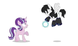 Size: 2636x1582 | Tagged: safe, artist:lunahazacookie, derpibooru import, starlight glimmer, oc, oc:nightwish, pegasus, pony, unicorn, duo, flying, image, male, pegasus oc, png, raised hoof, simple background, stallion, transparent background, wings