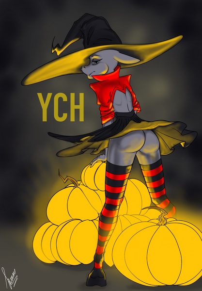 Size: 1640x2360 | Tagged: suggestive, artist:stirren, derpibooru import, anthro, unguligrade anthro, ass, butt, clothes, commission, dress, female, floppy ears, glow, halloween, hat, holiday, image, looking at you, looking back, pinup, png, pose, pumpkin, skirt, skirt lift, socks, striped socks, witch hat, your character here