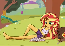 Size: 3856x2725 | Tagged: safe, artist:durdevul, derpibooru import, sunset shimmer, butterfly, human, insect, equestria girls, 2020s, 2022, armpits, ascended/redeemed villainess, bag, barefoot, book, bush, clothes, compression shorts, correct artstyle, cyan eyes, eyebrows, feet, female, flight, flower, grass, happy, heroine, high res, image, jpeg, long hair, lying down, metahuman, midriff, near-pure good heroine, outdoors, park, purple bottomwear, reading, shorts, sitting up, smiling, solo, solo female, tanktop, teenager, tomboy, tree, two toned hair, watermark, white topwear, yellow skin