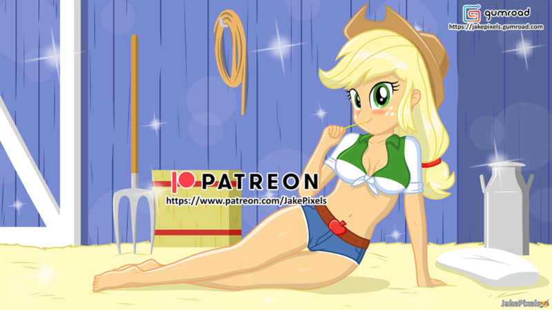 Size: 1160x653 | Tagged: suggestive, artist:jakepixels, derpibooru import, applejack, equestria girls, bare belly, barefoot, belly, belly button, blushing, cute, farm girl, feet, female, gumroad, gumroad logo, image, jackabetes, looking at you, patreon, patreon logo, png, seductive pose, solo, solo female, stupid sexy applejack, wallpaper