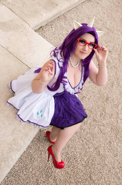 Size: 726x1100 | Tagged: safe, artist:angelangelyss, derpibooru import, rarity, human, clothes, cosplay, costume, cutie mark, cutie mark on clothes, glasses, high heels, image, irl, irl human, jewelry, jpeg, necklace, pearl necklace, photo, rarity's glasses, shoes, solo