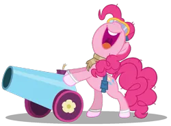 Size: 979x720 | Tagged: safe, artist:gratlofatic, derpibooru import, edit, editor:pagiepoppie12345, pinkie pie, earth pony, pony, bag, cannon, clothes, dusk till dawn, female, goggles, image, mare, open mouth, party cannon, png, saddle bag, scarf, shadow, simple background, smiling, socks, transparent background, uvula, volumetric mouth